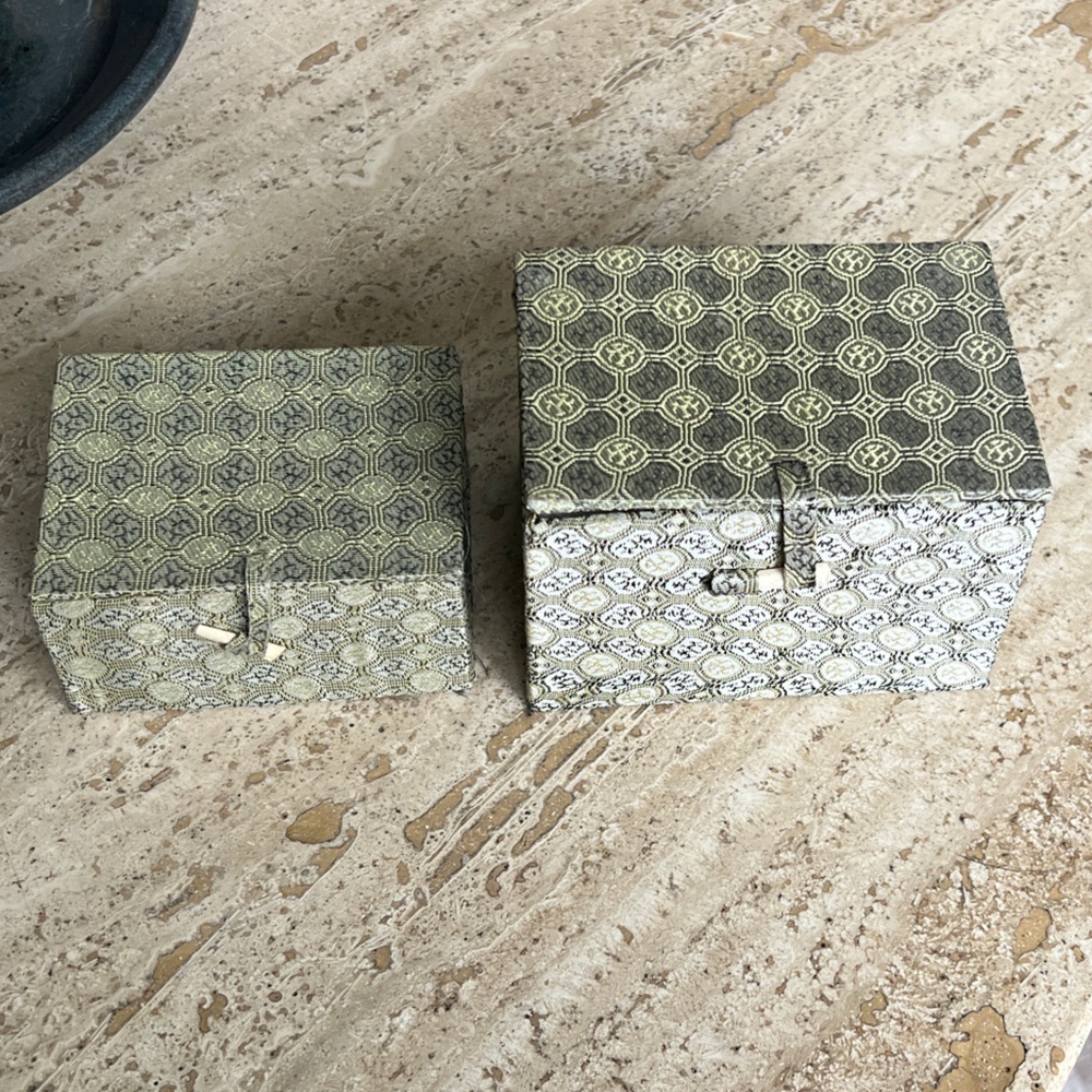 Chinese Hinged Satin Covered  Patterned Boxes